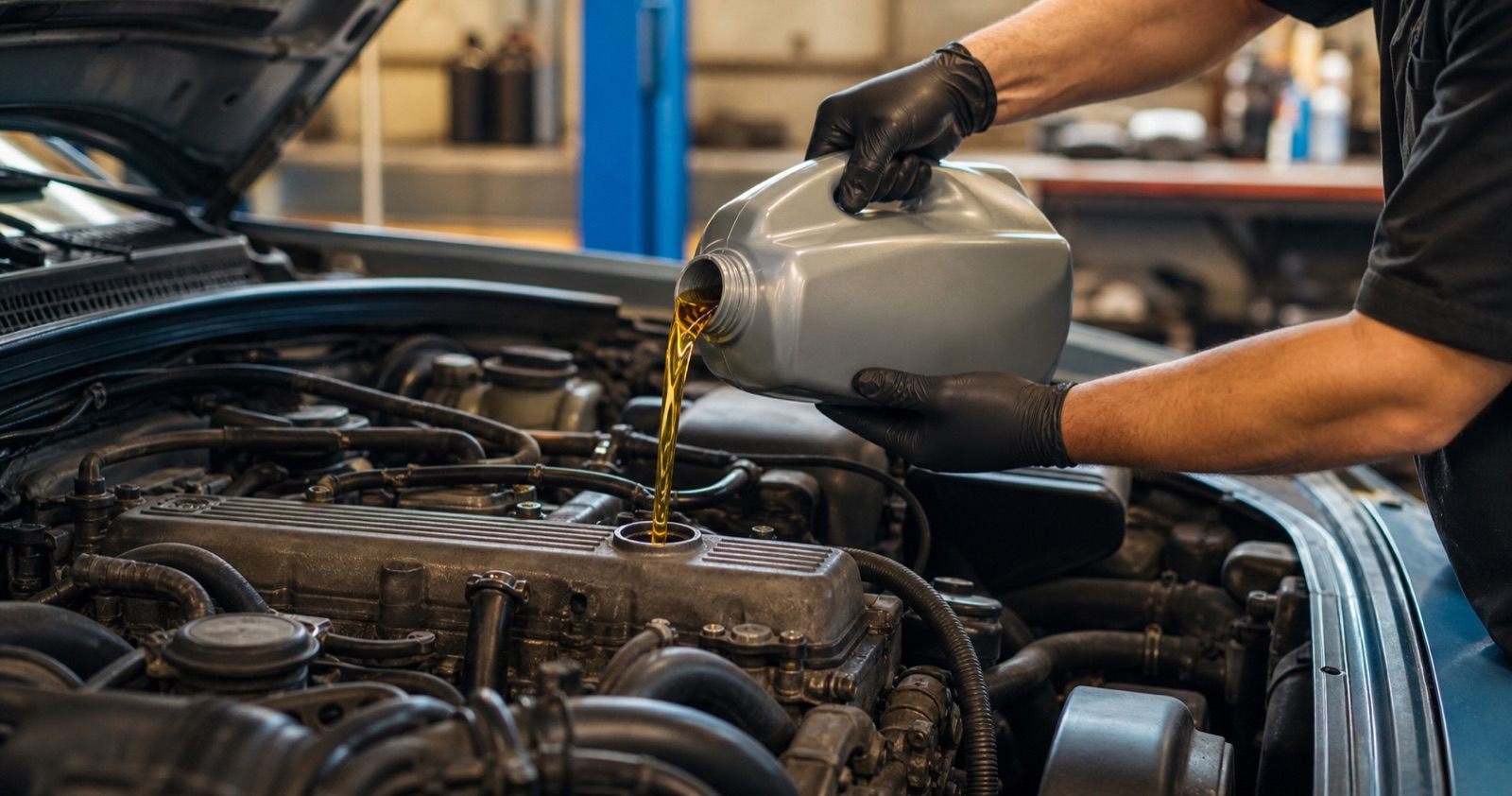 Mechanic adding motor oil to a high-mileage engine
