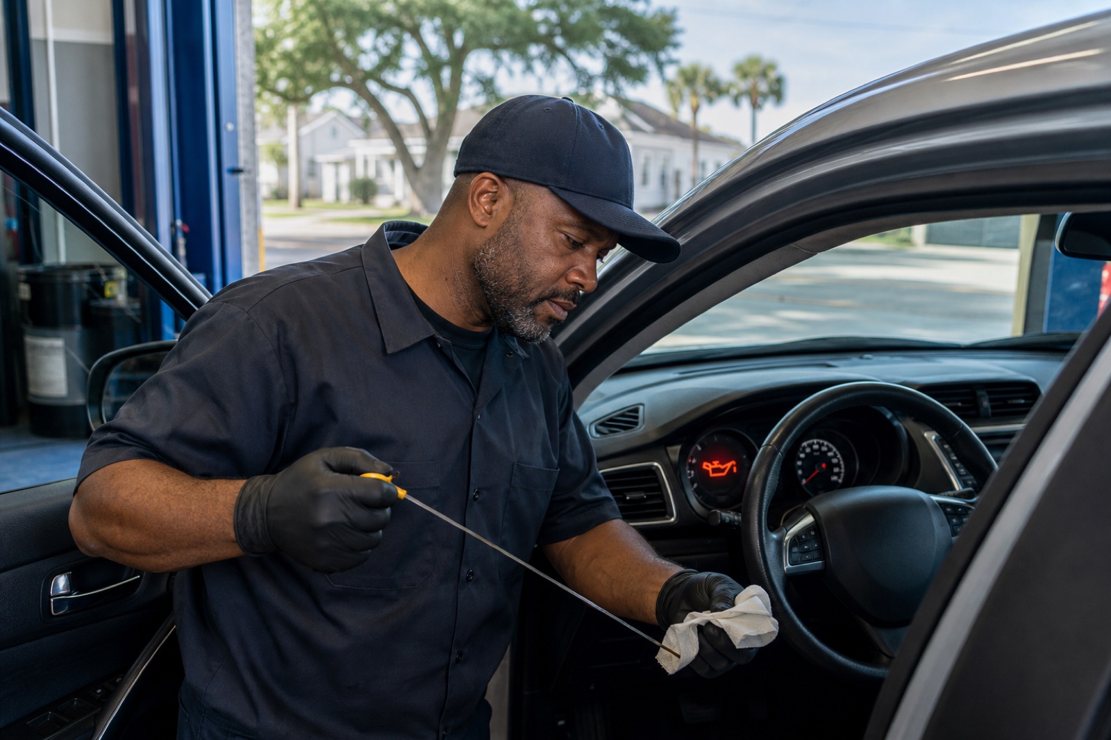 Mechanic checking an oil warning light and engine oil dipstick