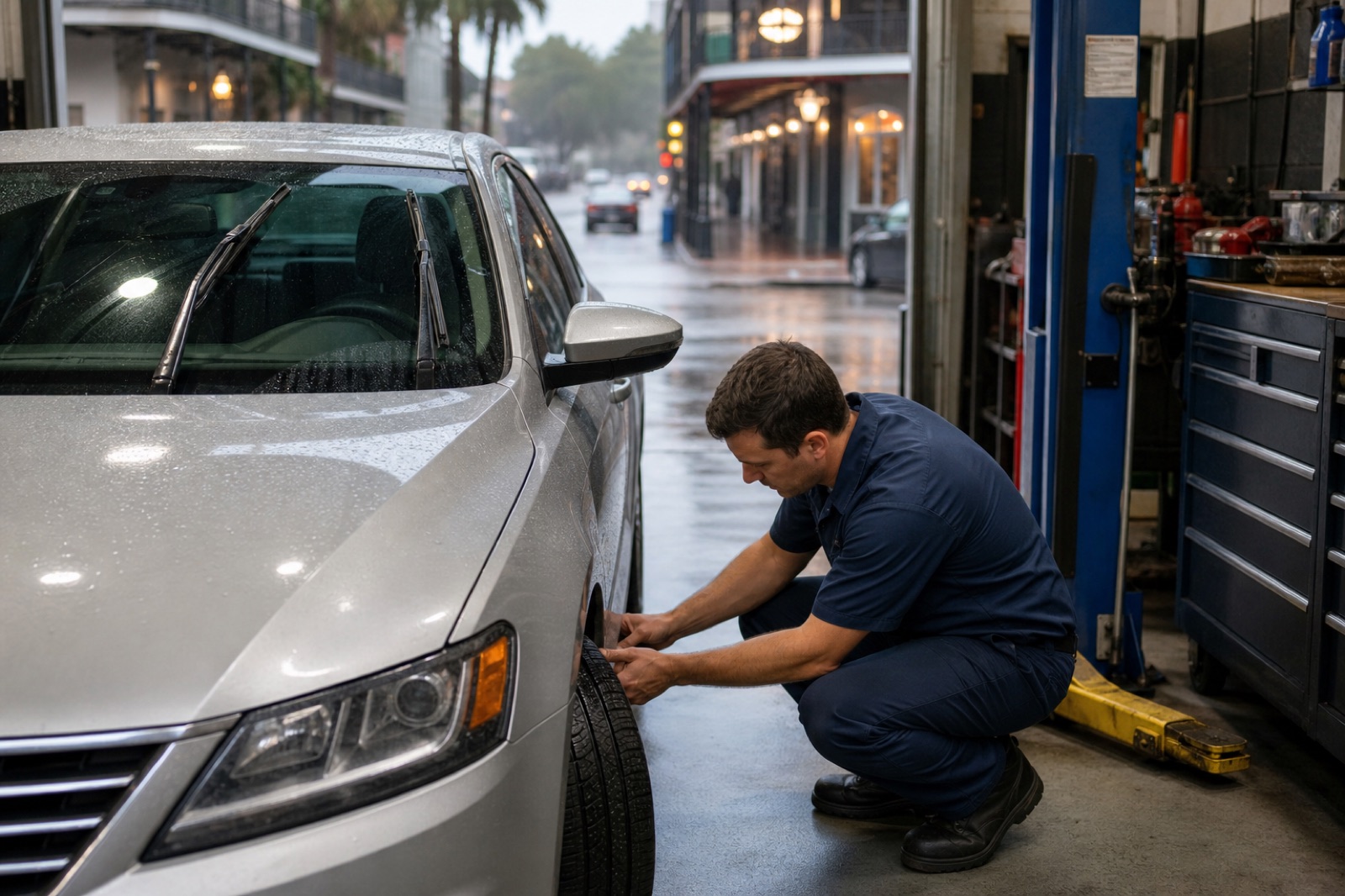 Rain-season car safety inspection in New Orleans